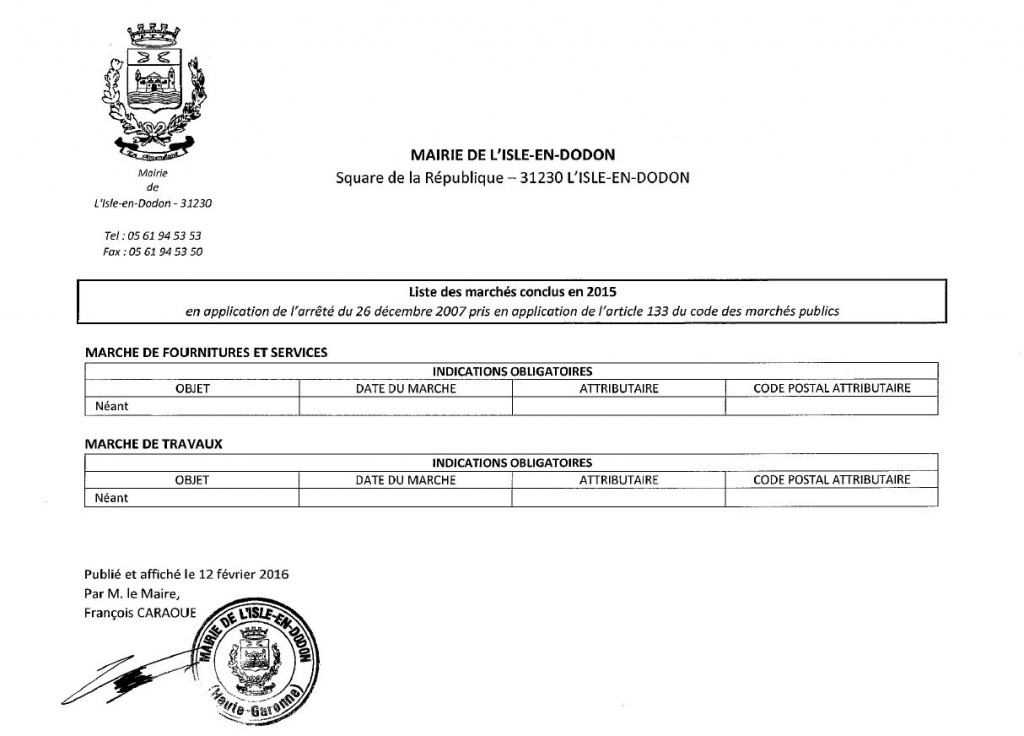 Liste des marchés conclus en 2015